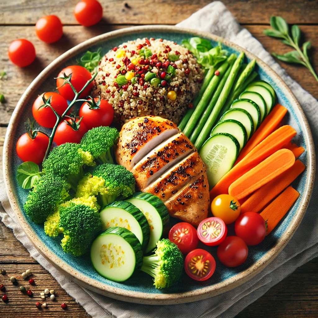 A colorful plate of healthy food featuring a grilled chicken breast, a serving of quinoa, and a variety of fresh vegetables such as broccoli, carrots, and cherry tomatoes. The presentation is appealing, with vibrant colors and an emphasis on balance and nutrition. The plate is set on a wooden table with natural lighting, evoking a fresh and wholesome meal.
